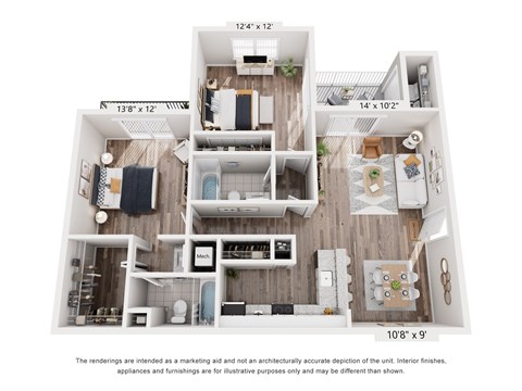 Floor plan for 2 beds, 2 baths, 1106 sqft